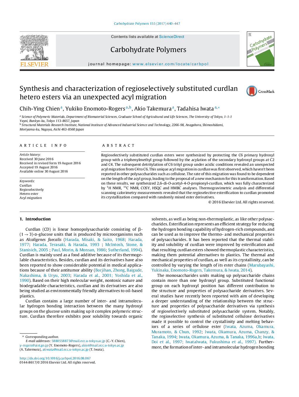 Synthesis and characterization of regioselectively substituted curdlan hetero esters via an unexpected acyl migration