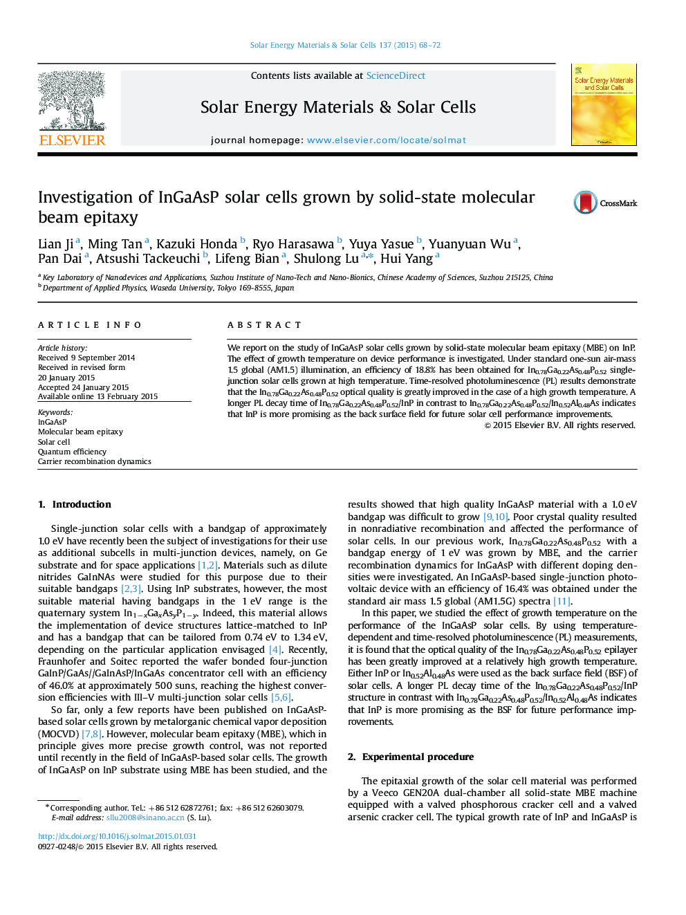 Investigation of InGaAsP solar cells grown by solid-state molecular beam epitaxy