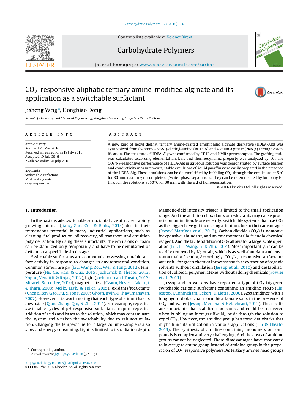 CO2-responsive aliphatic tertiary amine-modified alginate and its application as a switchable surfactant