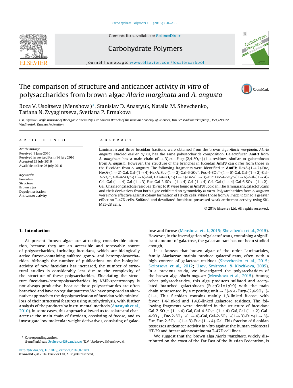 The comparison of structure and anticancer activity in vitro of polysaccharides from brown algae Alaria marginata and A. angusta