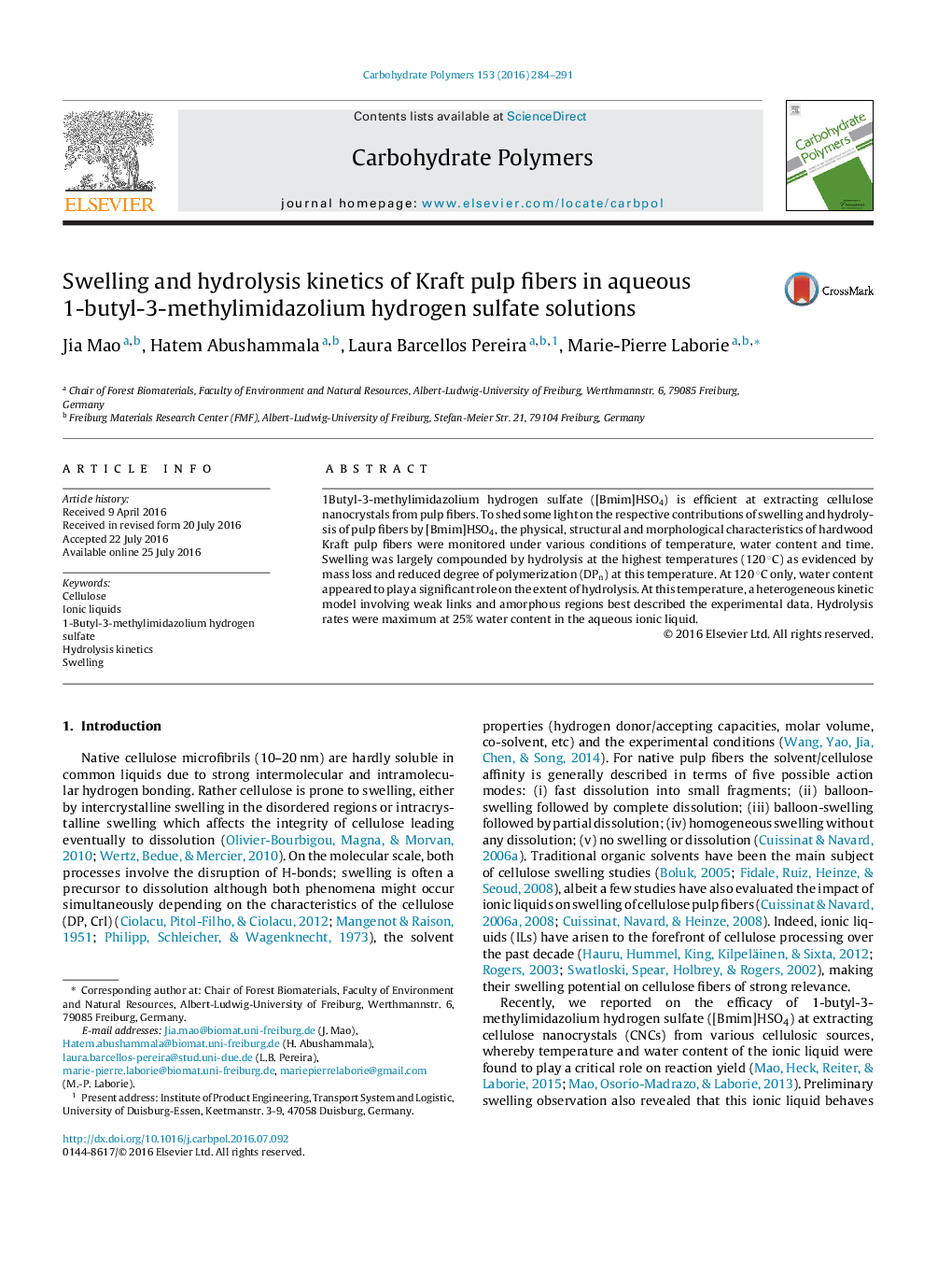 Swelling and hydrolysis kinetics of Kraft pulp fibers in aqueous 1-butyl-3-methylimidazolium hydrogen sulfate solutions