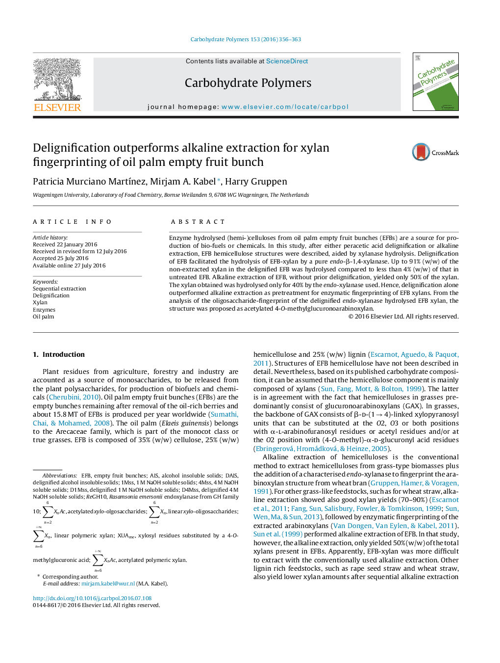 Delignification outperforms alkaline extraction for xylan fingerprinting of oil palm empty fruit bunch