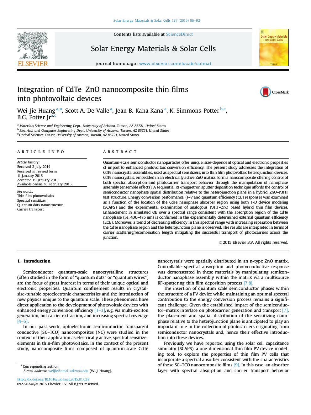 Integration of CdTe–ZnO nanocomposite thin films into photovoltaic devices