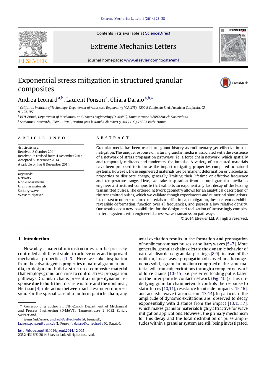 Exponential stress mitigation in structured granular composites