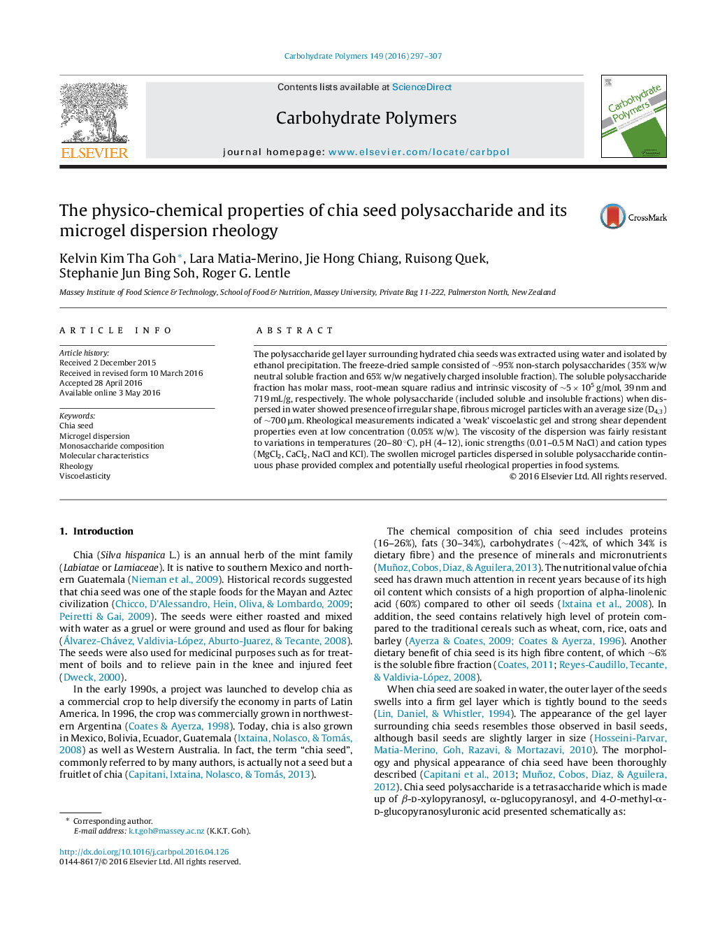 The physico-chemical properties of chia seed polysaccharide and its microgel dispersion rheology