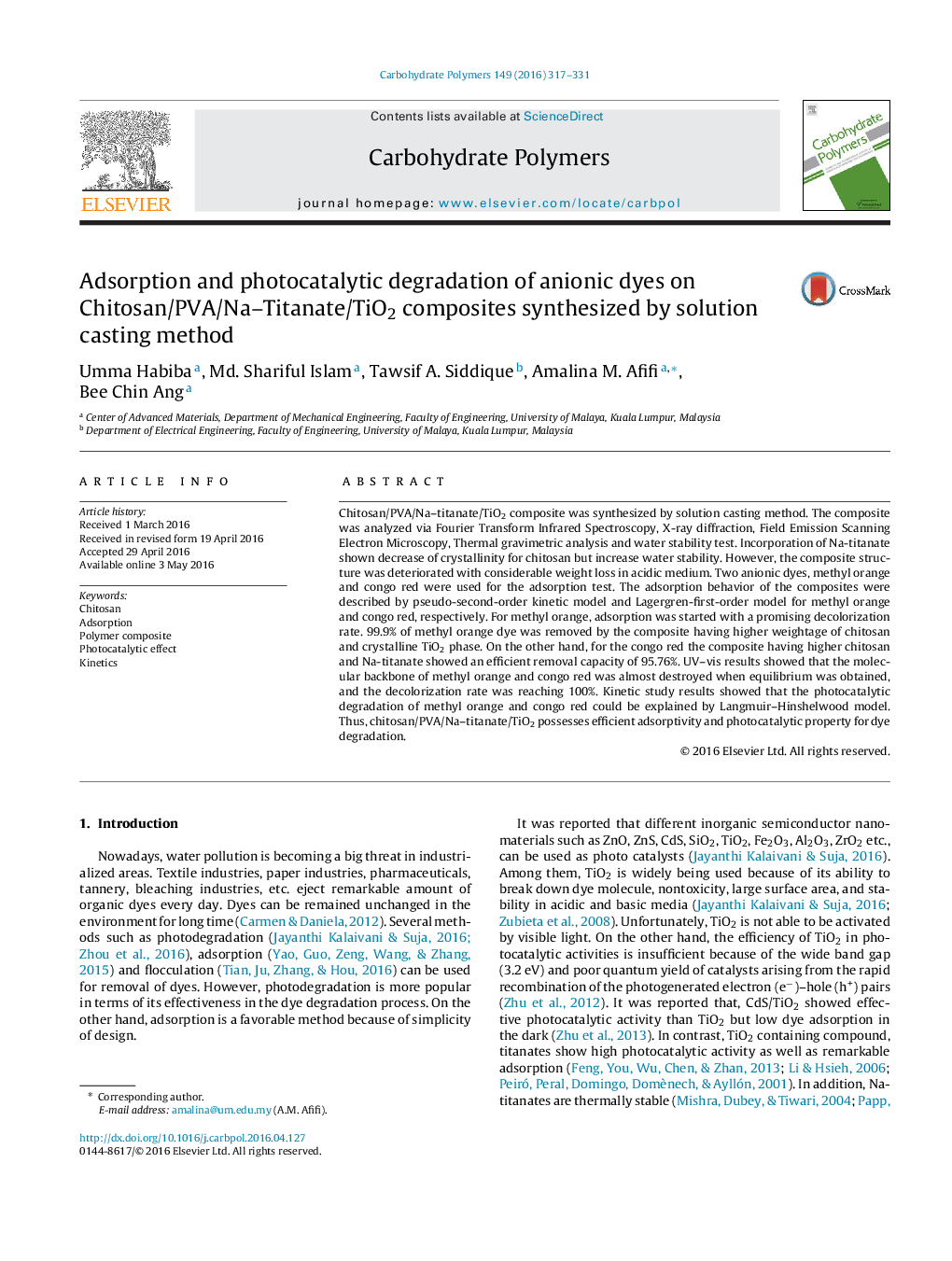 Adsorption and photocatalytic degradation of anionic dyes on Chitosan/PVA/Na-Titanate/TiO2 composites synthesized by solution casting method