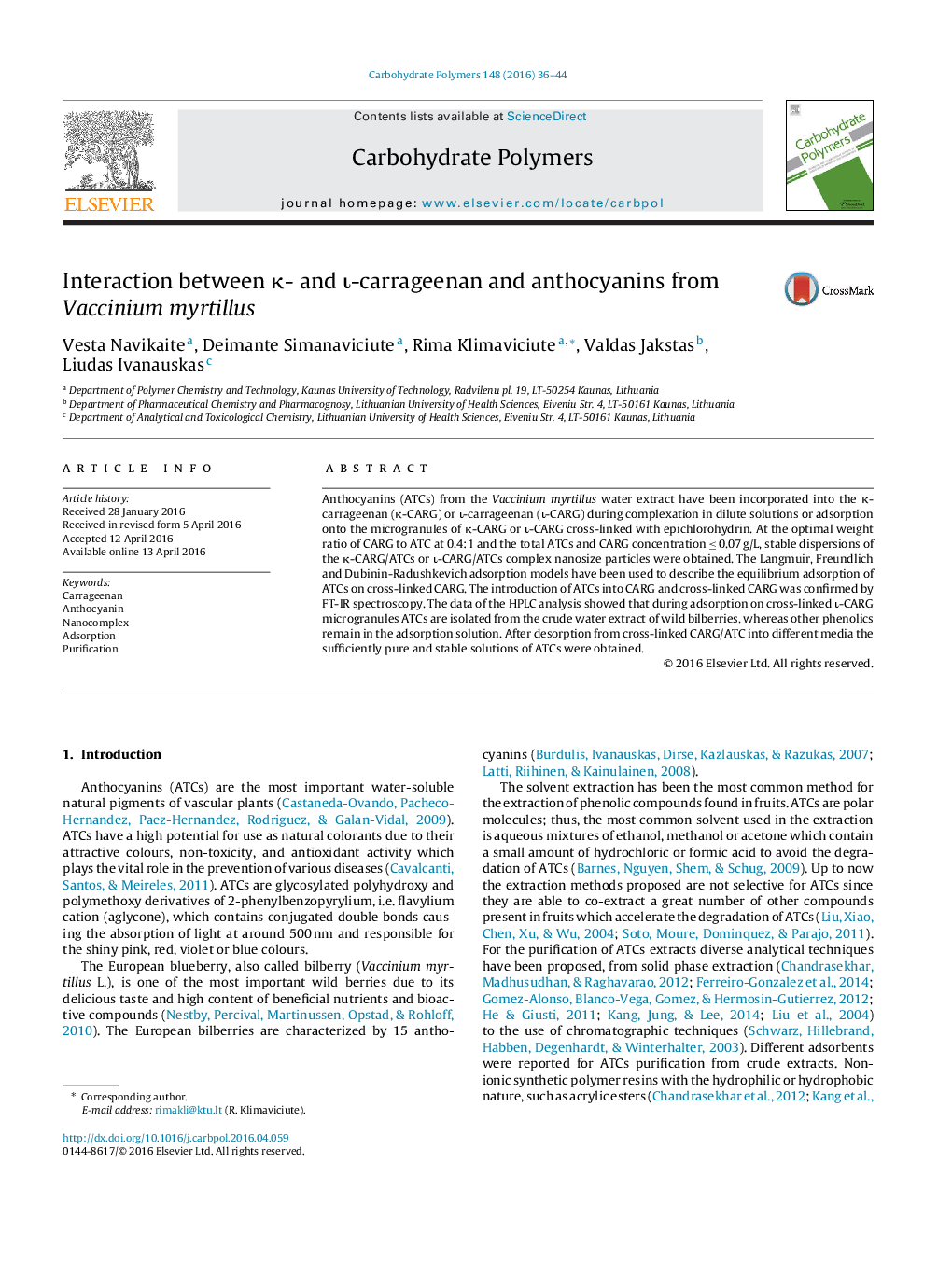 Interaction between Îº- and Î¹-carrageenan and anthocyanins from Vaccinium myrtillus