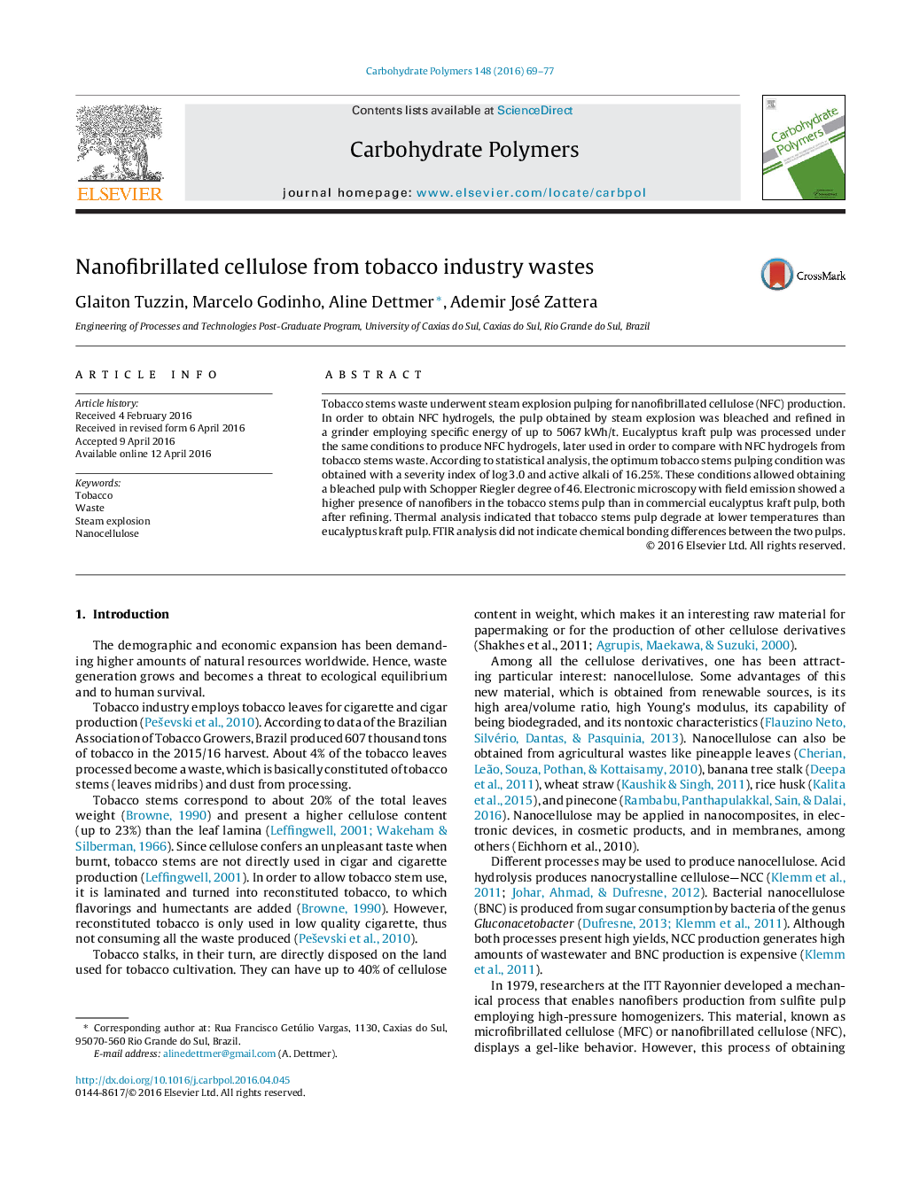 Nanofibrillated cellulose from tobacco industry wastes