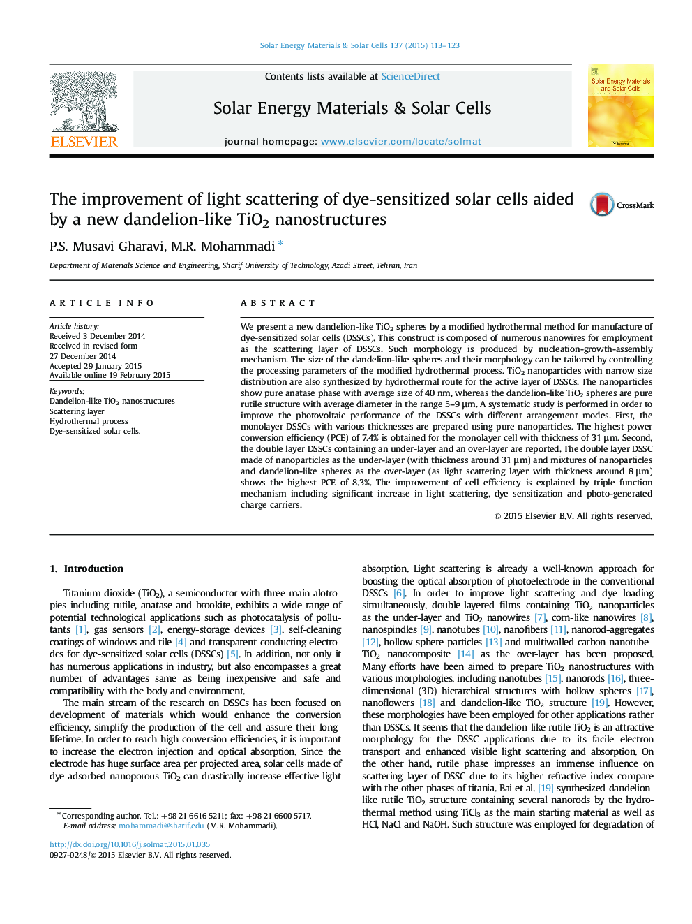 The improvement of light scattering of dye-sensitized solar cells aided by a new dandelion-like TiO2 nanostructures