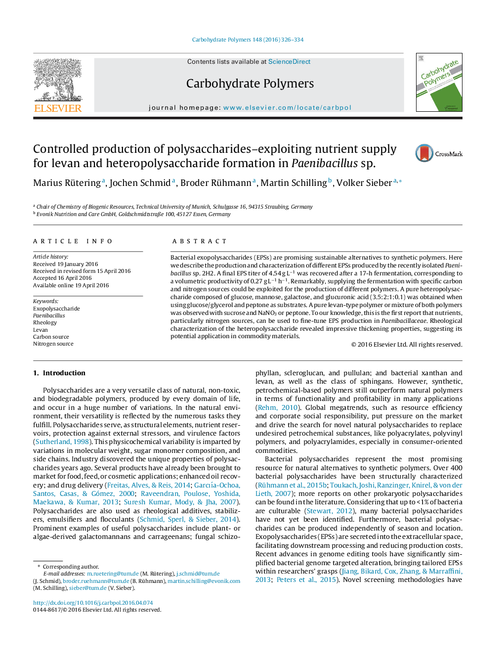 Controlled production of polysaccharides-exploiting nutrient supply for levan and heteropolysaccharide formation in Paenibacillus sp.