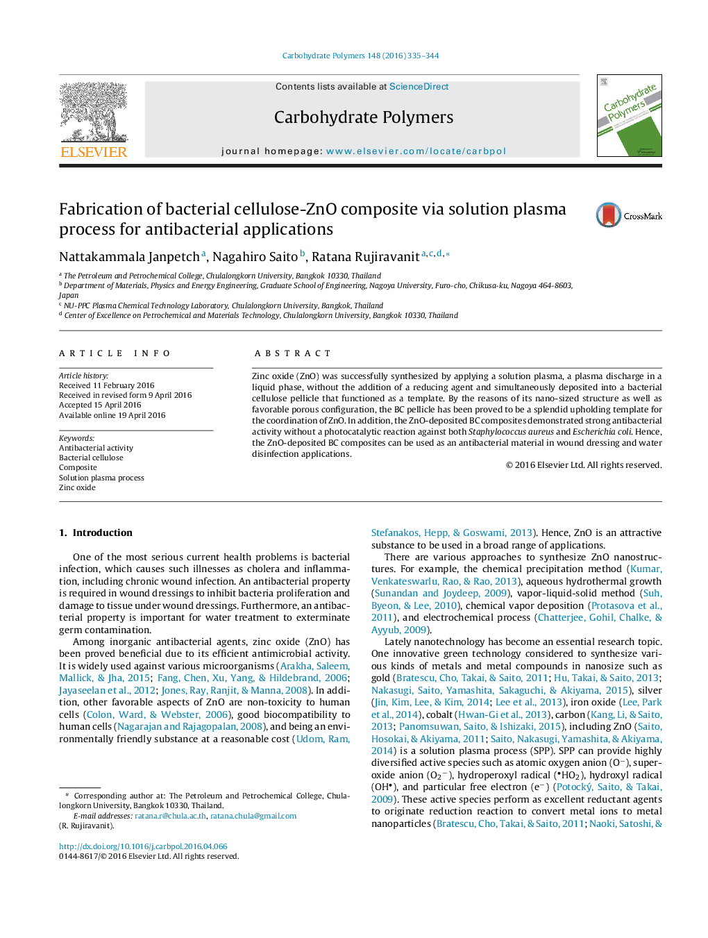 Fabrication of bacterial cellulose-ZnO composite via solution plasma process for antibacterial applications