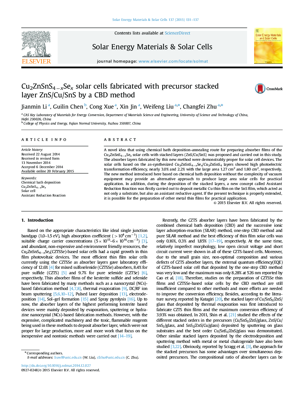 Cu2ZnSnS4−xSex solar cells fabricated with precursor stacked layer ZnS/Cu/SnS by a CBD method