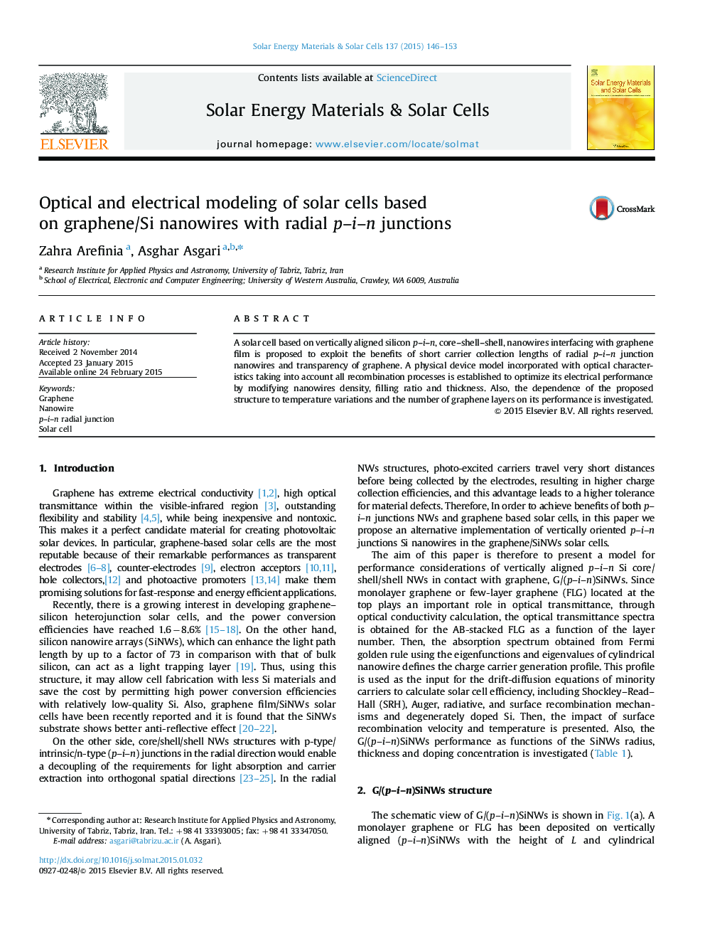 Optical and electrical modeling of solar cells based on graphene/Si nanowires with radial p–i–n junctions