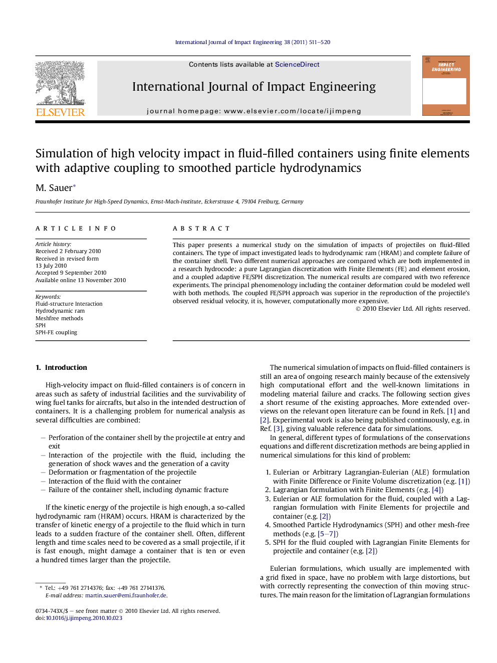 Simulation of high velocity impact in fluid-filled containers using finite elements with adaptive coupling to smoothed particle hydrodynamics