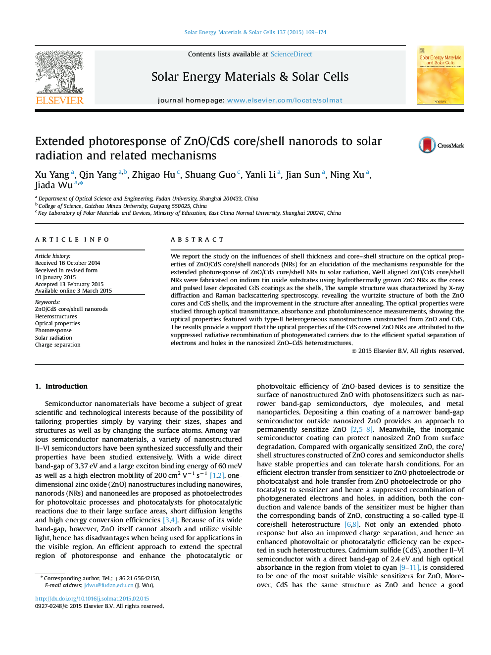 Extended photoresponse of ZnO/CdS core/shell nanorods to solar radiation and related mechanisms