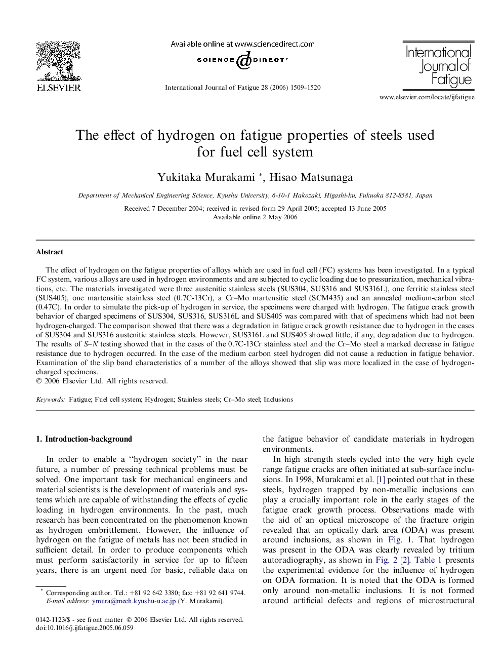 The effect of hydrogen on fatigue properties of steels used for fuel cell system