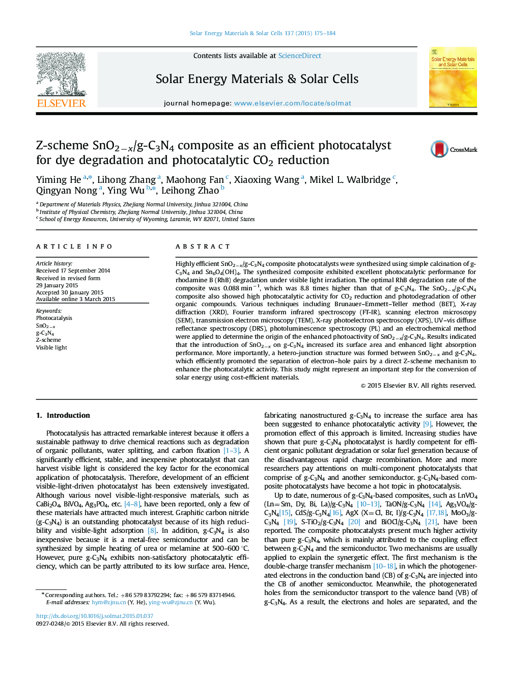 Z-scheme SnO2−x/g-C3N4 composite as an efficient photocatalyst for dye degradation and photocatalytic CO2 reduction