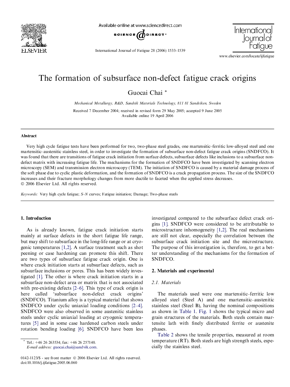 The formation of subsurface non-defect fatigue crack origins