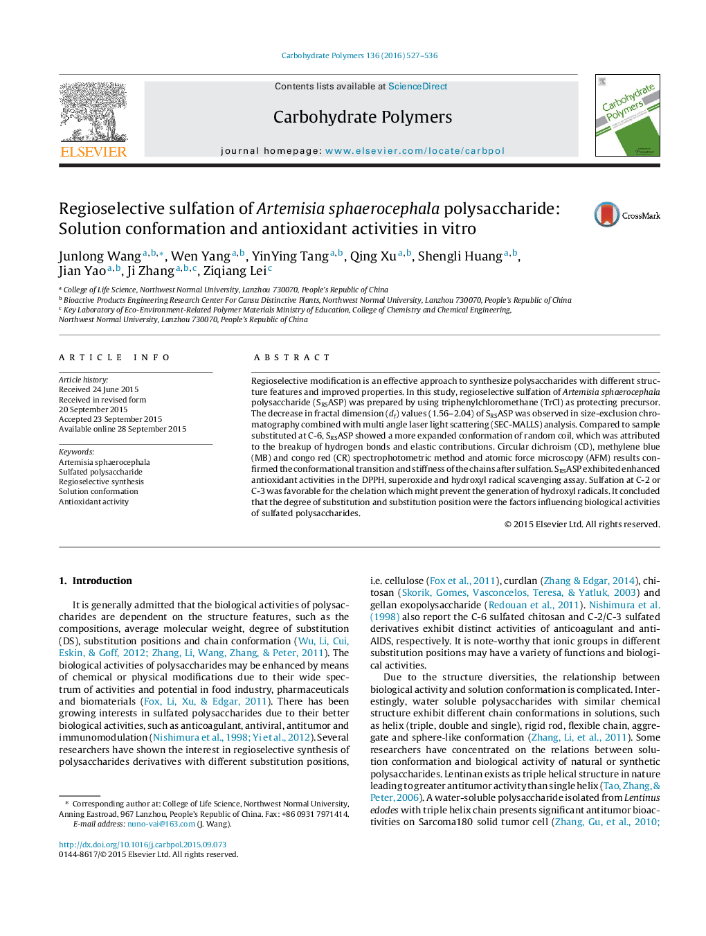 Regioselective sulfation of Artemisia sphaerocephala polysaccharide: Solution conformation and antioxidant activities in vitro