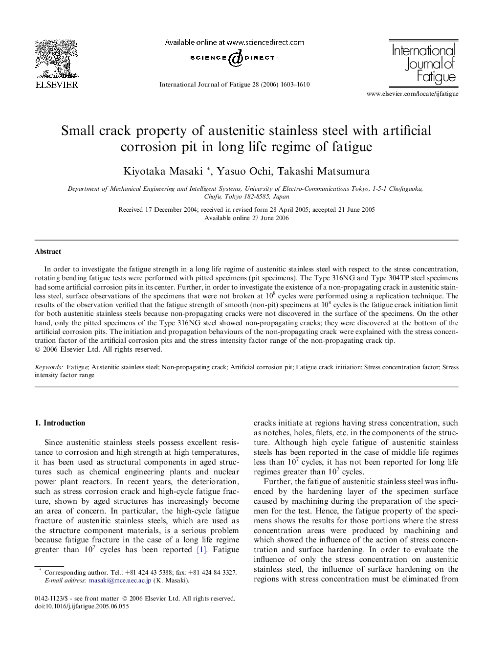 Small crack property of austenitic stainless steel with artificial corrosion pit in long life regime of fatigue