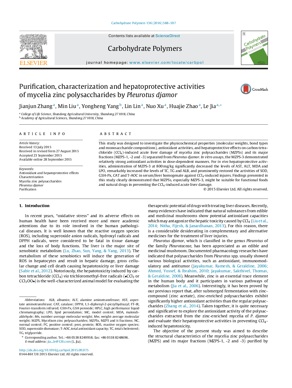 Purification, characterization and hepatoprotective activities of mycelia zinc polysaccharides by Pleurotus djamor