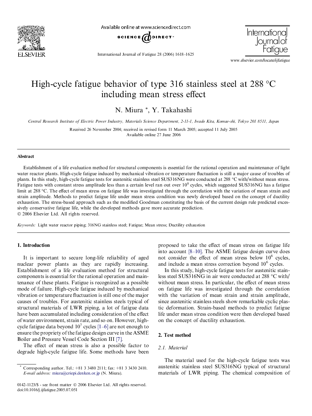 High-cycle fatigue behavior of type 316 stainless steel at 288 °C including mean stress effect