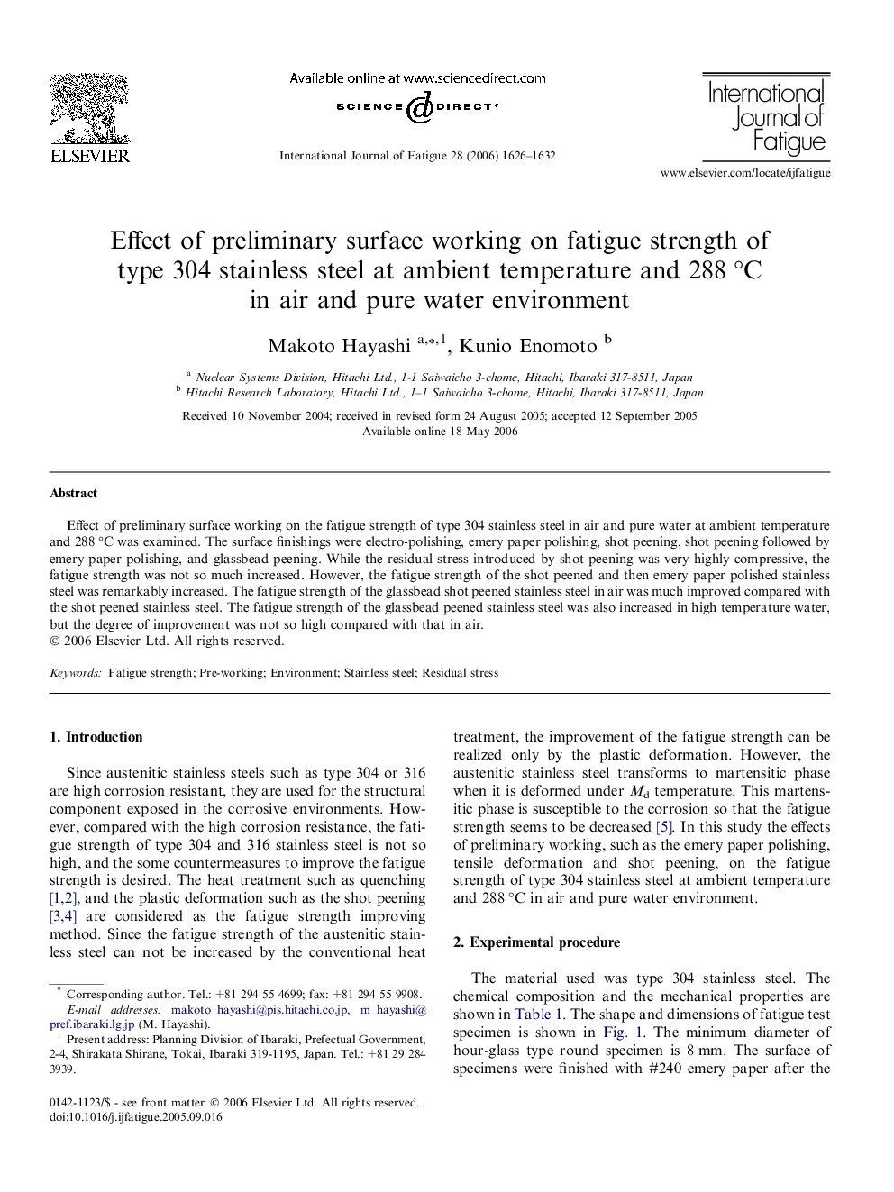 Effect of preliminary surface working on fatigue strength of type 304 stainless steel at ambient temperature and 288Â Â°C in air and pure water environment