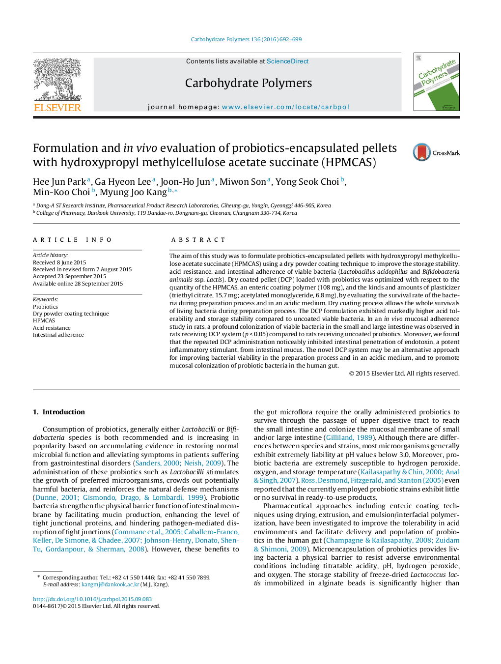 Formulation and in vivo evaluation of probiotics-encapsulated pellets with hydroxypropyl methylcellulose acetate succinate (HPMCAS)