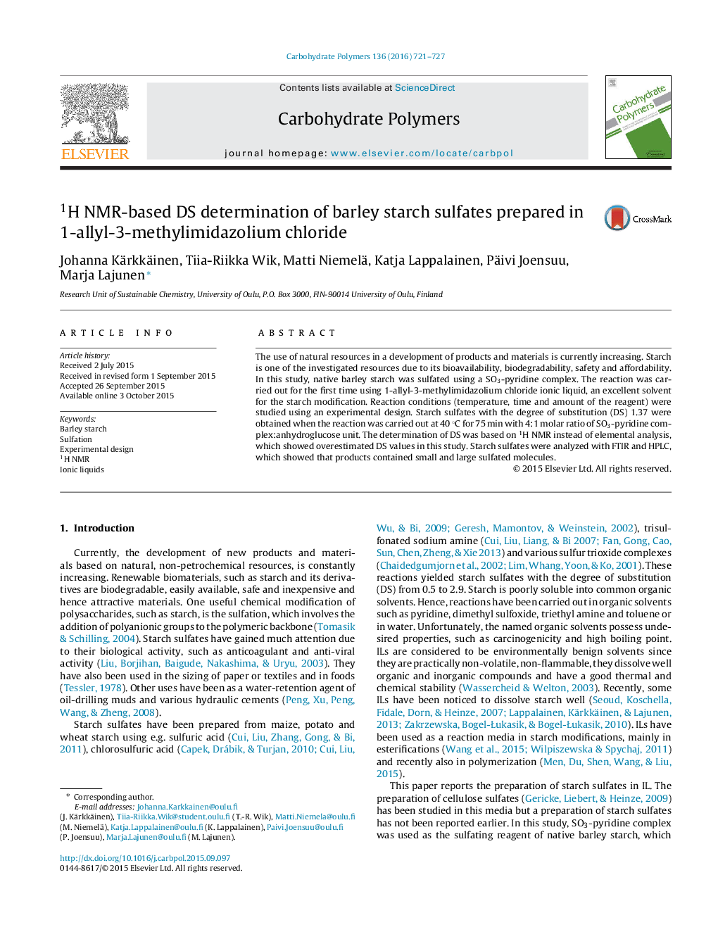 1H NMR-based DS determination of barley starch sulfates prepared in 1-allyl-3-methylimidazolium chloride