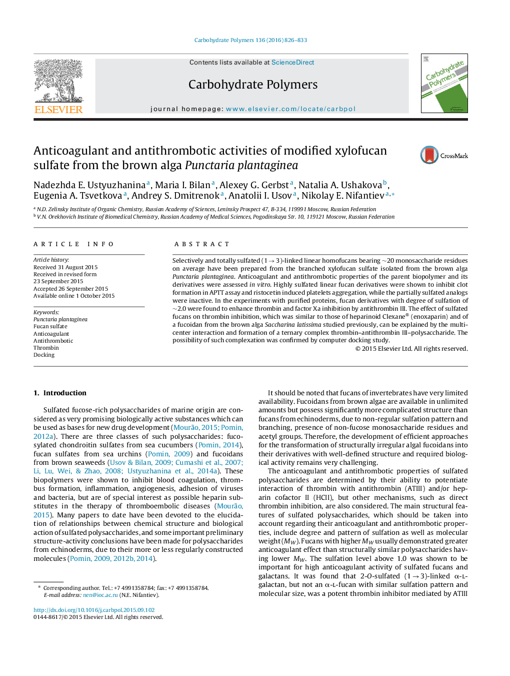 Anticoagulant and antithrombotic activities of modified xylofucan sulfate from the brown alga Punctaria plantaginea