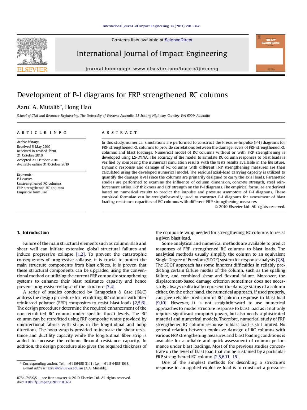 Development of P-I diagrams for FRP strengthened RC columns