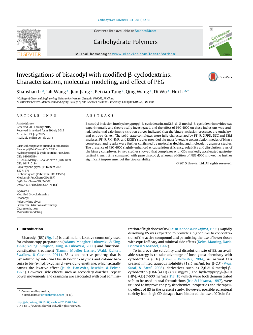 Investigations of bisacodyl with modified Î²-cyclodextrins: Characterization, molecular modeling, and effect of PEG