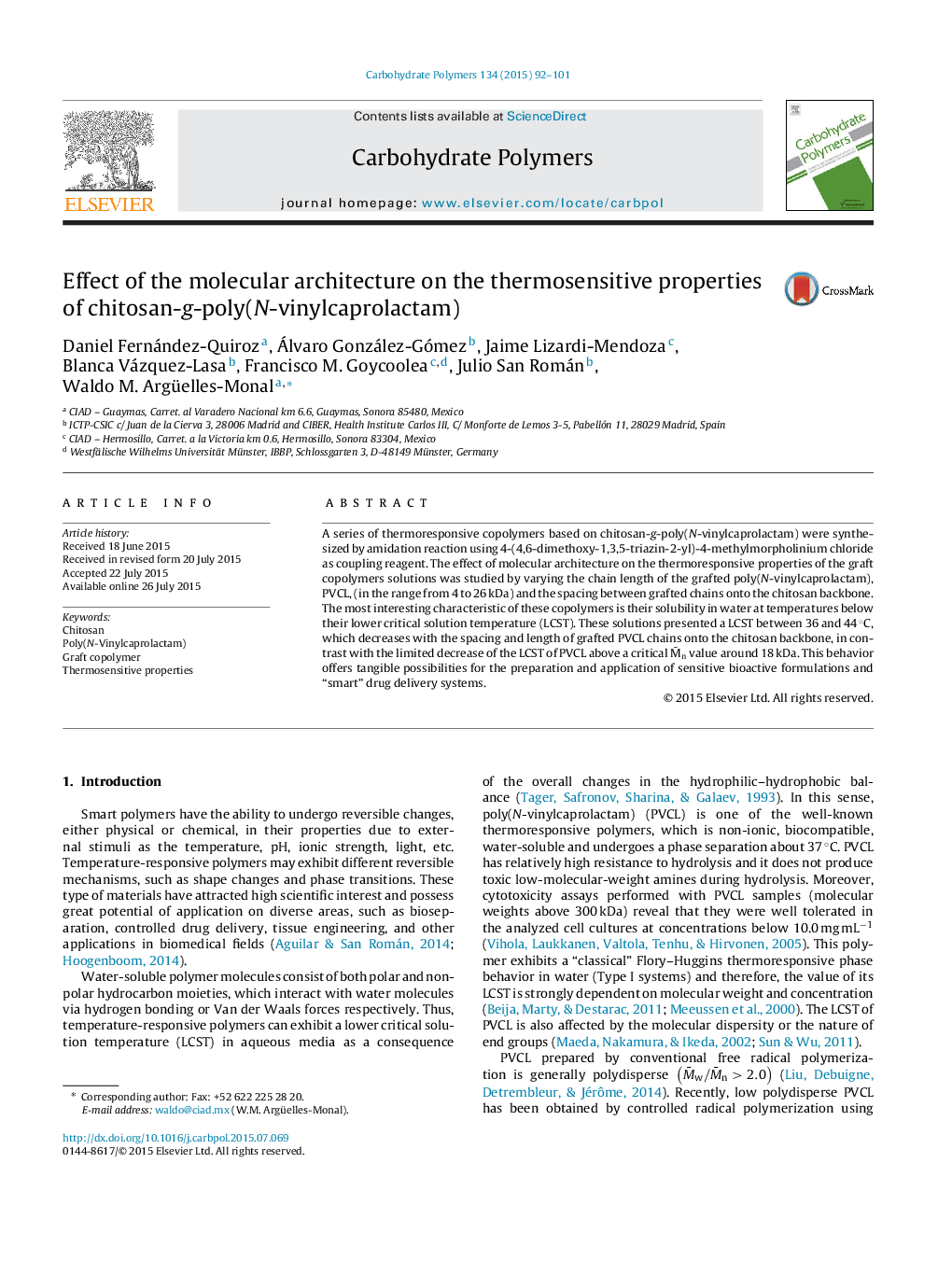 Effect of the molecular architecture on the thermosensitive properties of chitosan-g-poly(N-vinylcaprolactam)