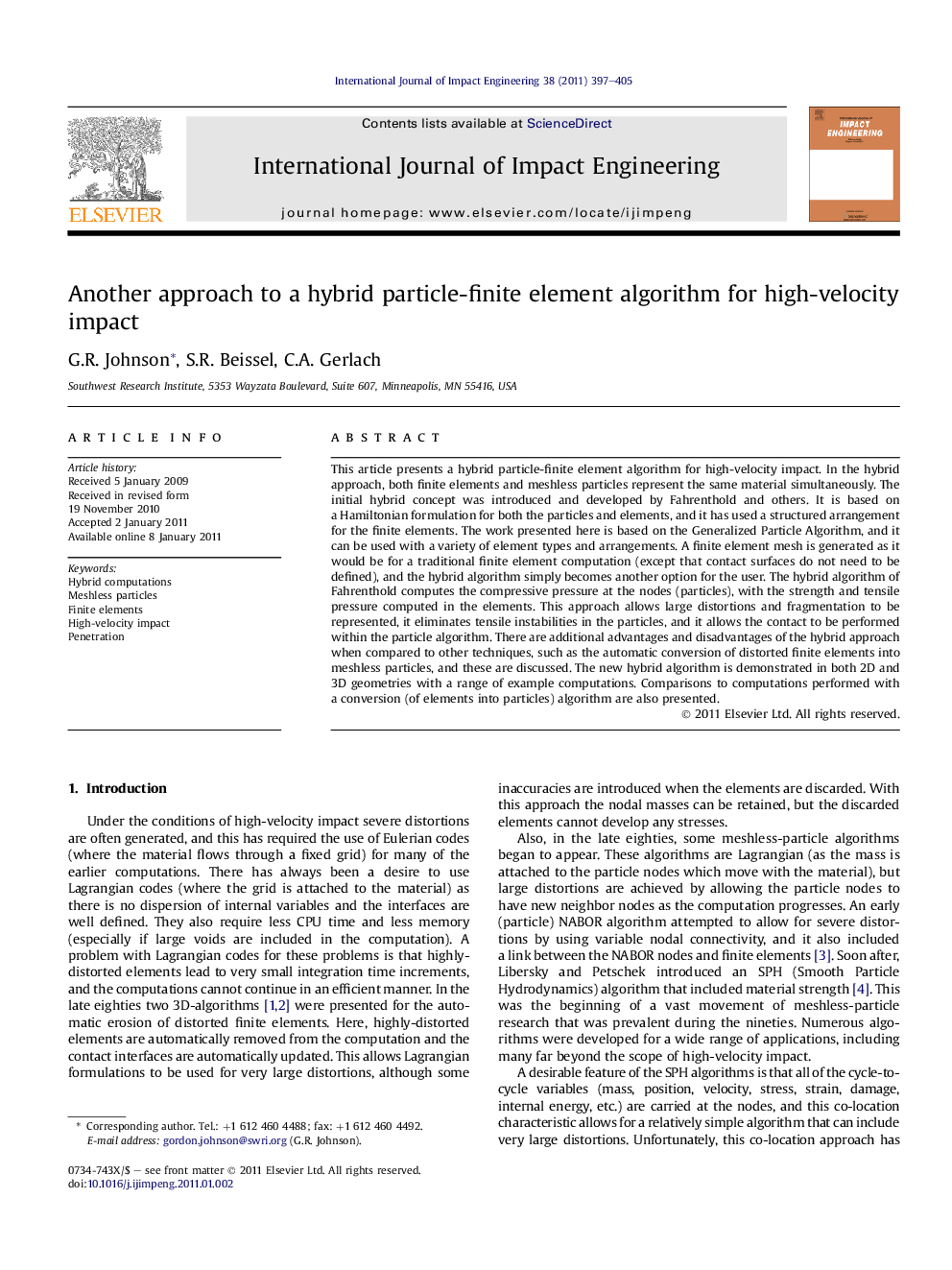 Another approach to a hybrid particle-finite element algorithm for high-velocity impact