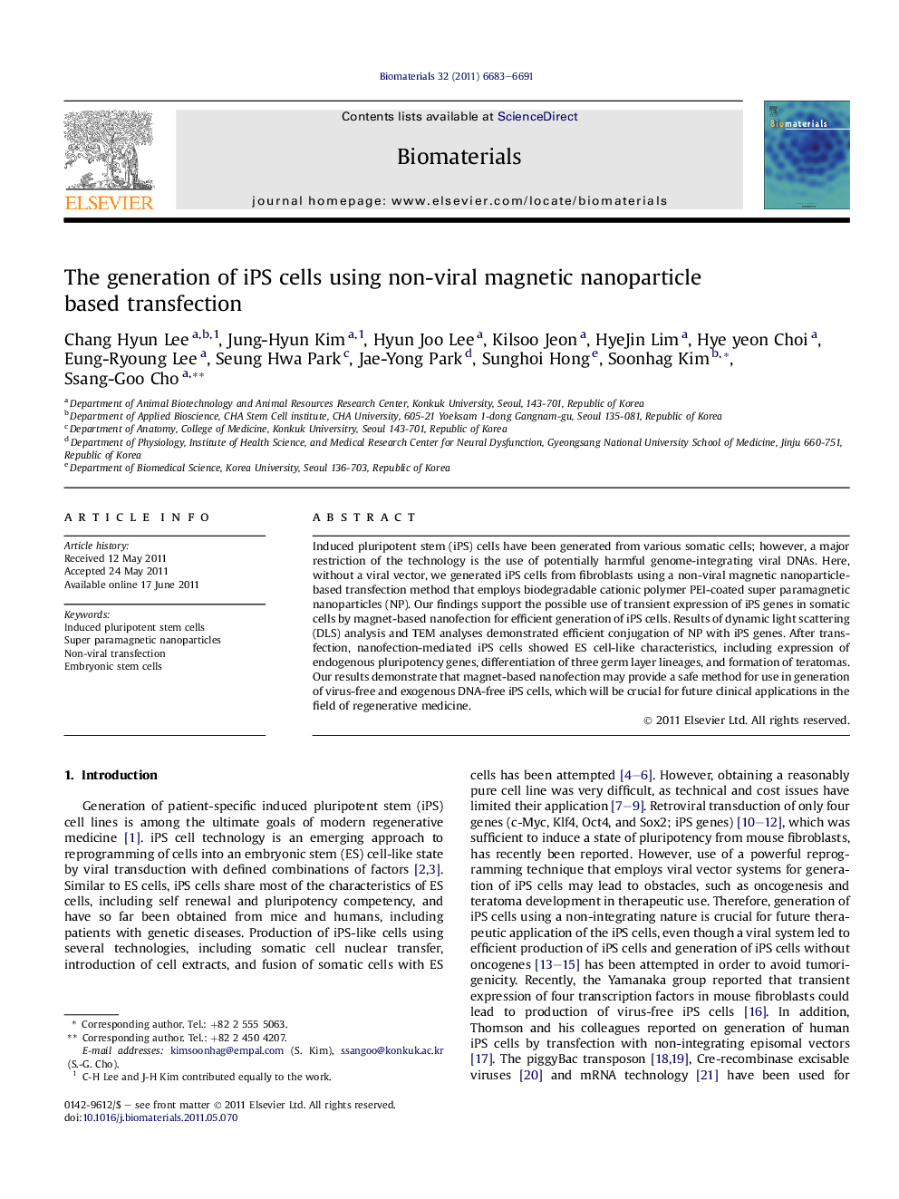 The generation of iPS cells using non-viral magnetic nanoparticlebased transfection