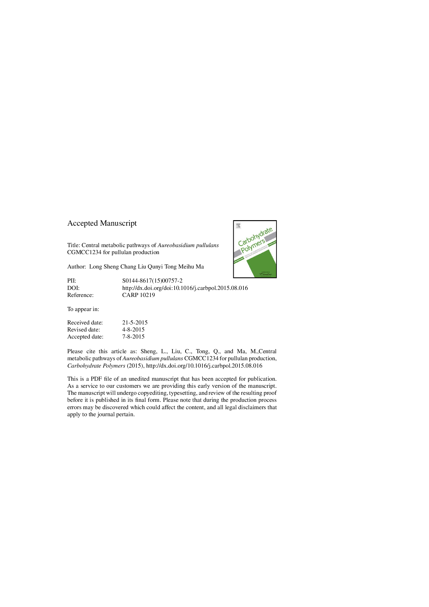 Central metabolic pathways of Aureobasidium pullulans CGMCC1234 for pullulan production