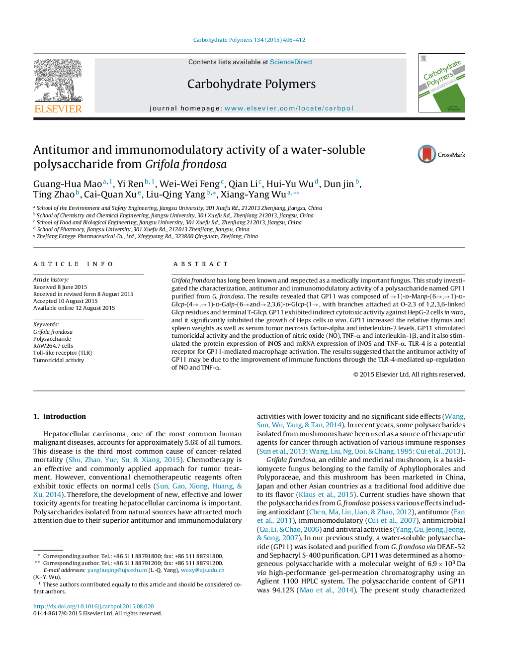 Antitumor and immunomodulatory activity of a water-soluble polysaccharide from Grifola frondosa