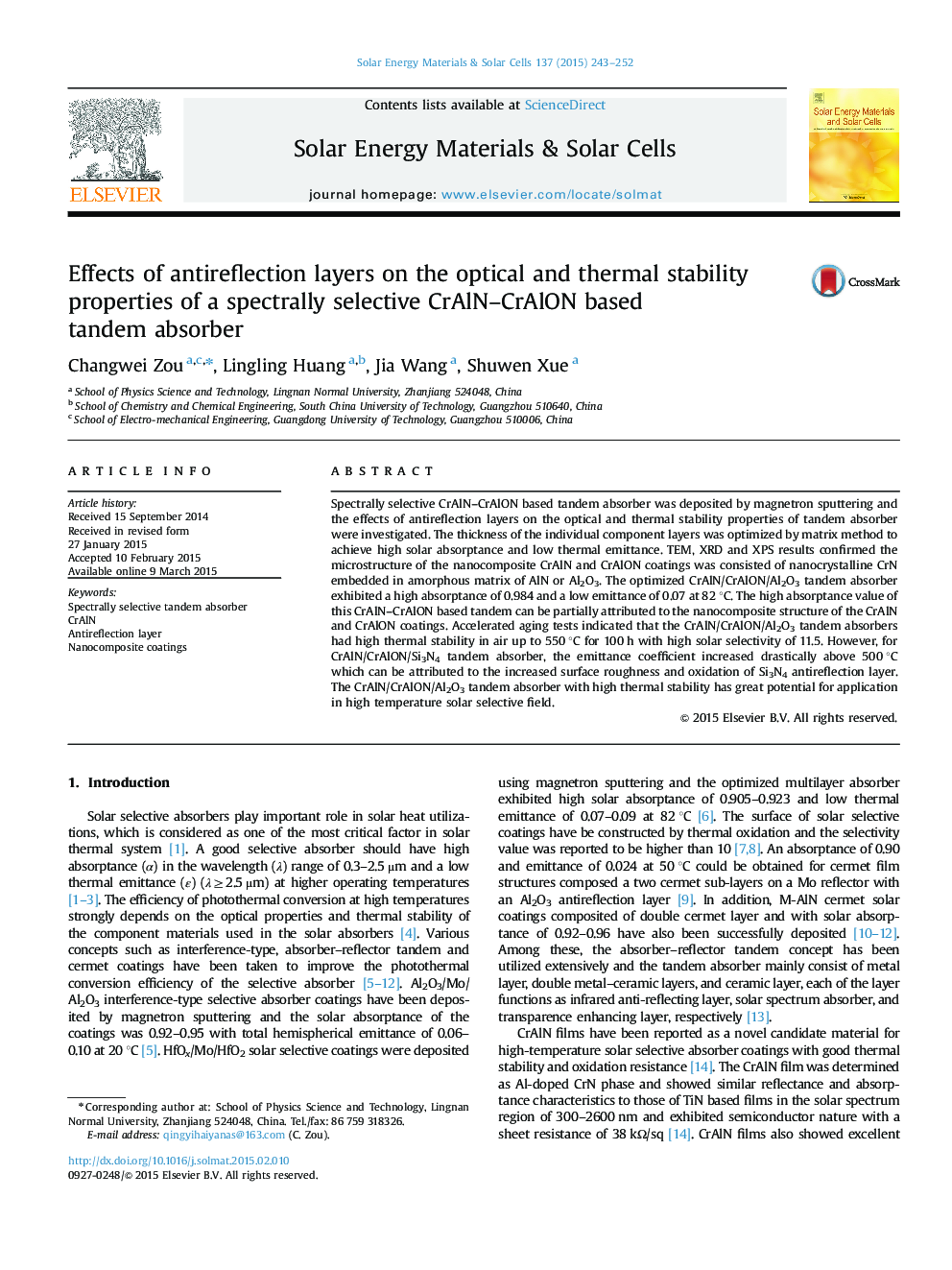 Effects of antireflection layers on the optical and thermal stability properties of a spectrally selective CrAlN–CrAlON based tandem absorber