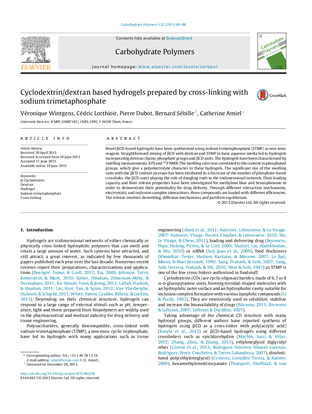 Cyclodextrin/dextran based hydrogels prepared by cross-linking with sodium trimetaphosphate