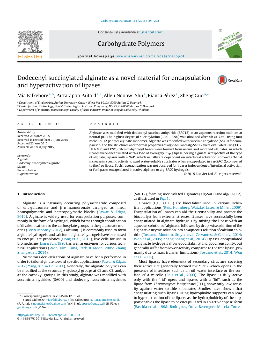 Dodecenyl succinylated alginate as a novel material for encapsulation and hyperactivation of lipases