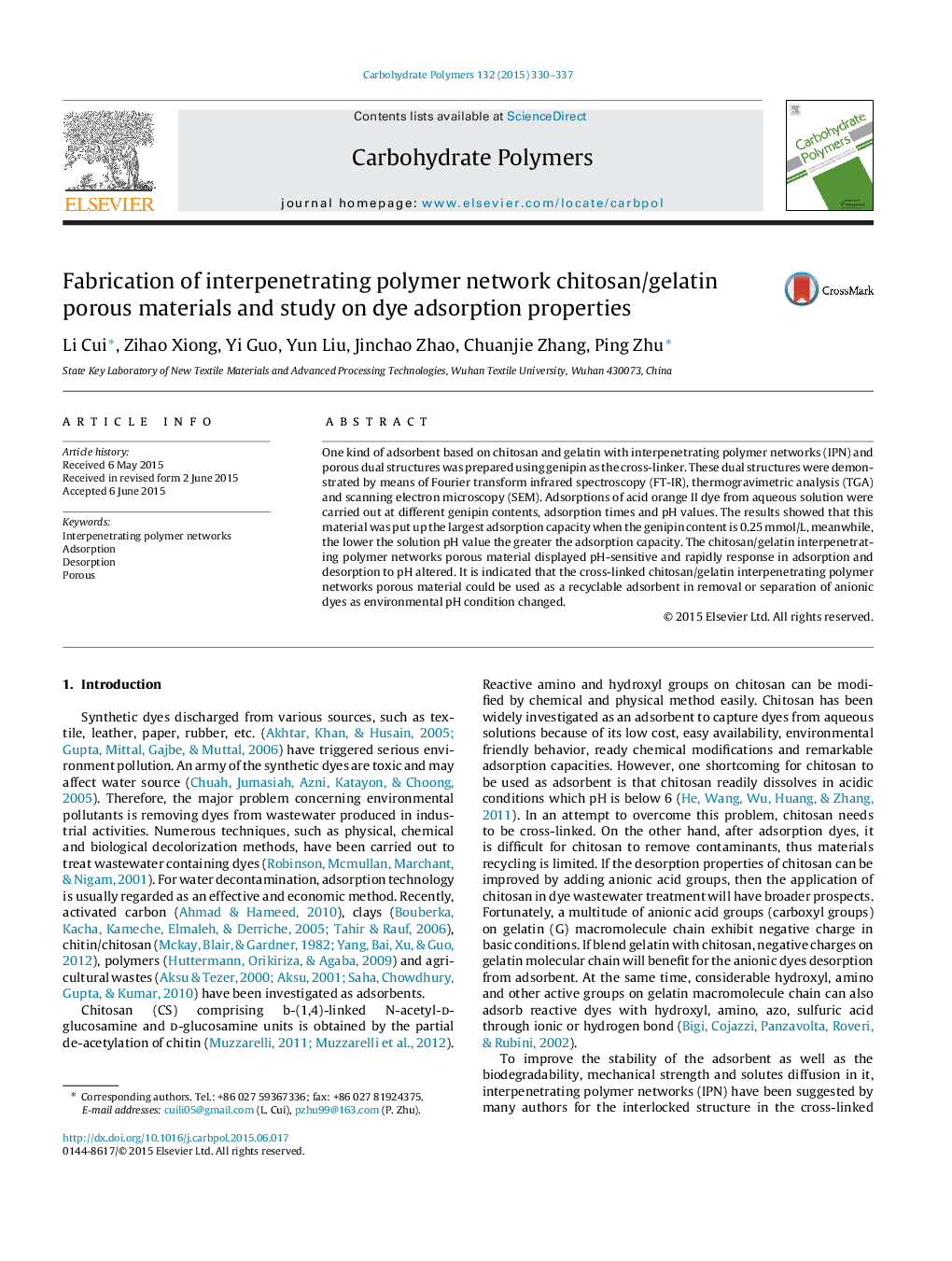 Fabrication of interpenetrating polymer network chitosan/gelatin porous materials and study on dye adsorption properties