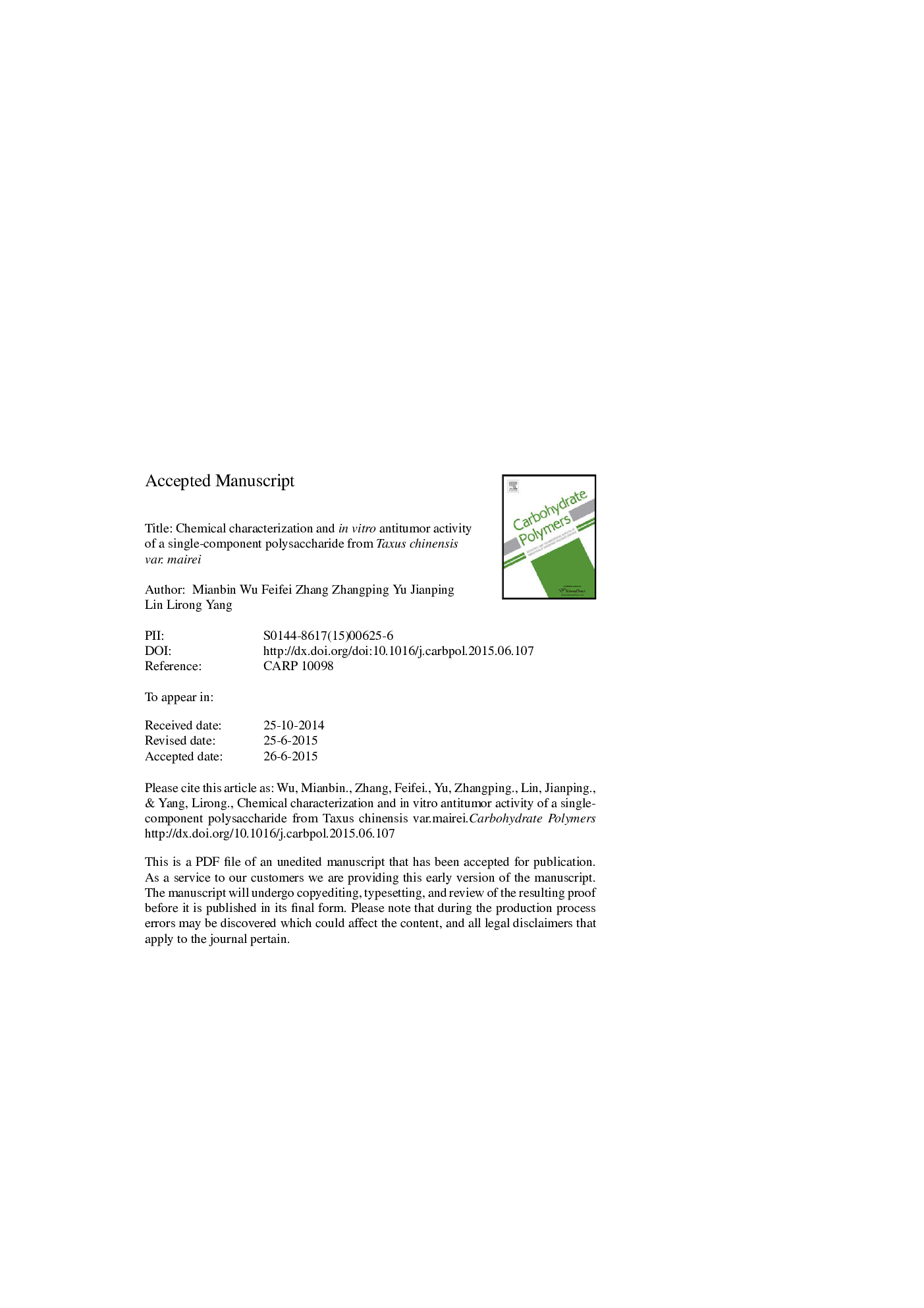 Chemical characterization and in vitro antitumor activity of a single-component polysaccharide from Taxus chinensis var. mairei