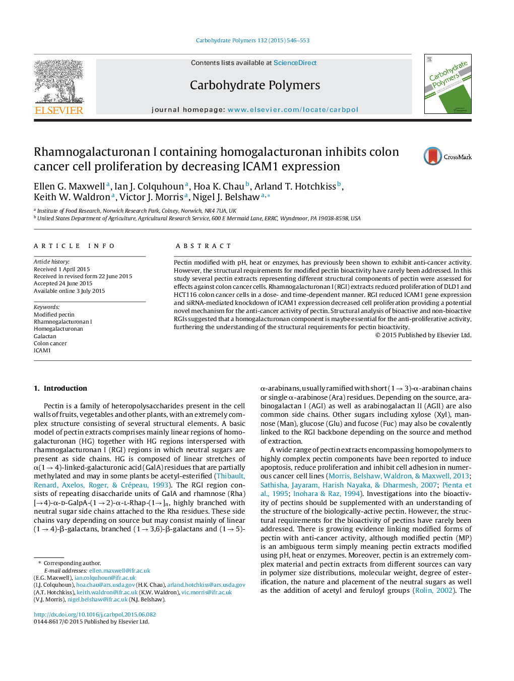 Rhamnogalacturonan I containing homogalacturonan inhibits colon cancer cell proliferation by decreasing ICAM1 expression