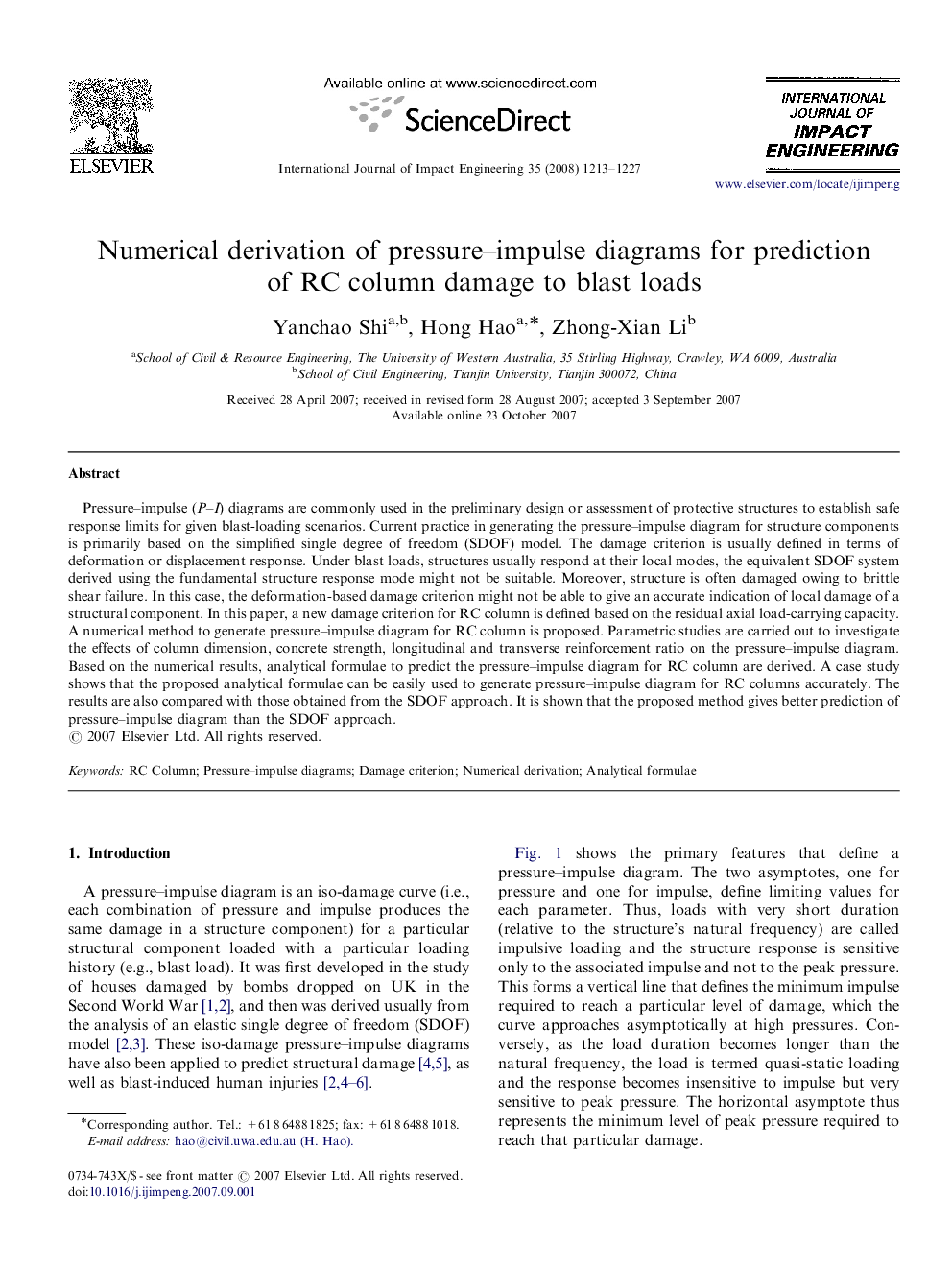 Numerical derivation of pressure–impulse diagrams for prediction of RC column damage to blast loads