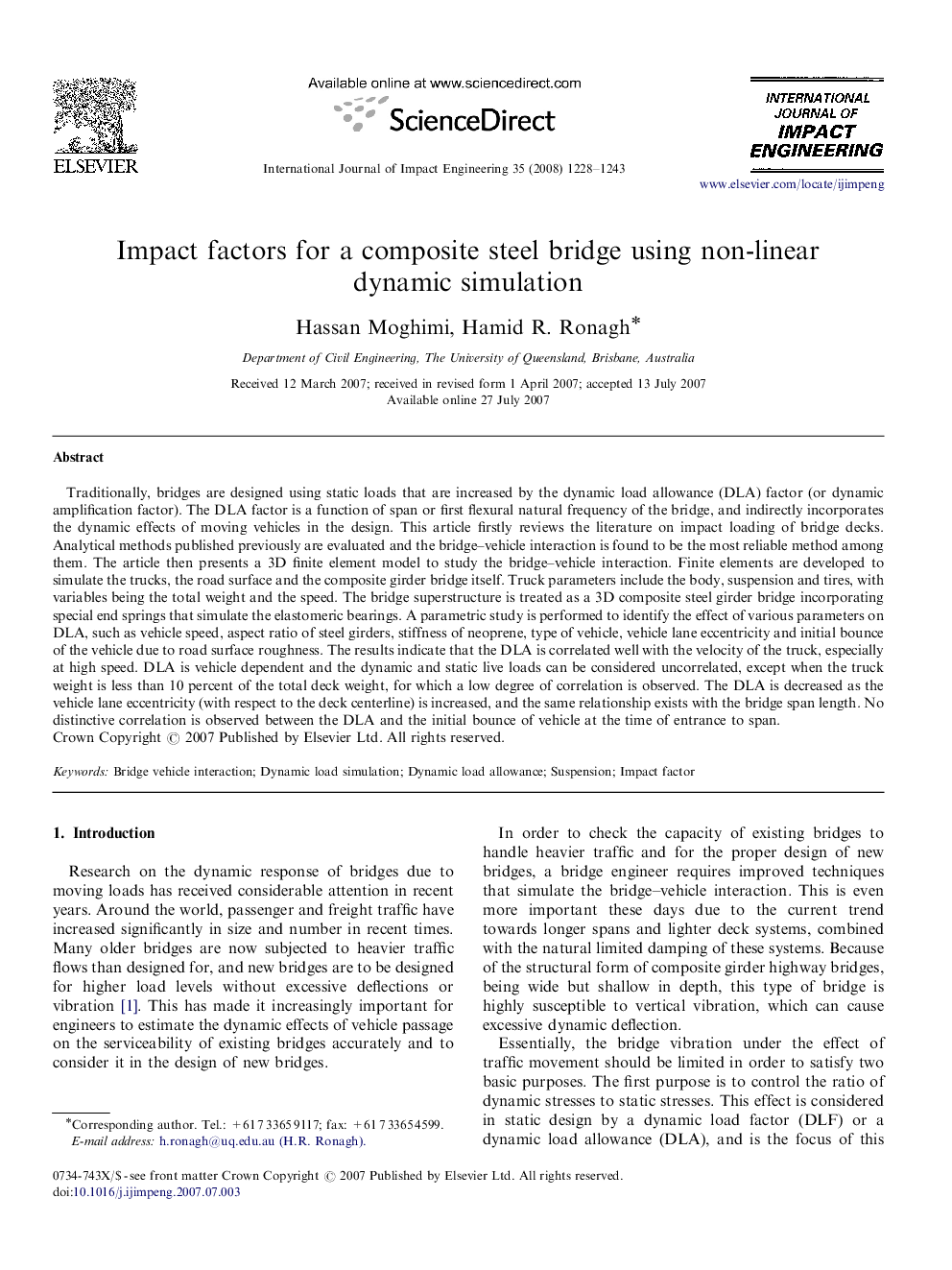 Impact factors for a composite steel bridge using non-linear dynamic simulation