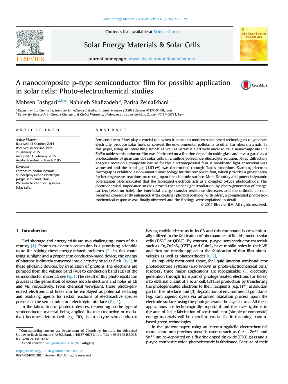 A nanocomposite p-type semiconductor film for possible application in solar cells: Photo-electrochemical studies