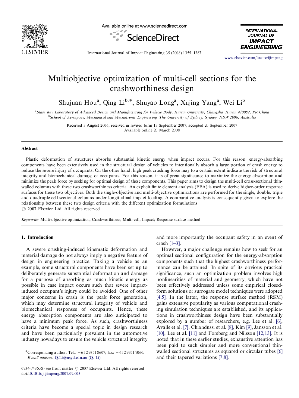 Multiobjective optimization of multi-cell sections for the crashworthiness design