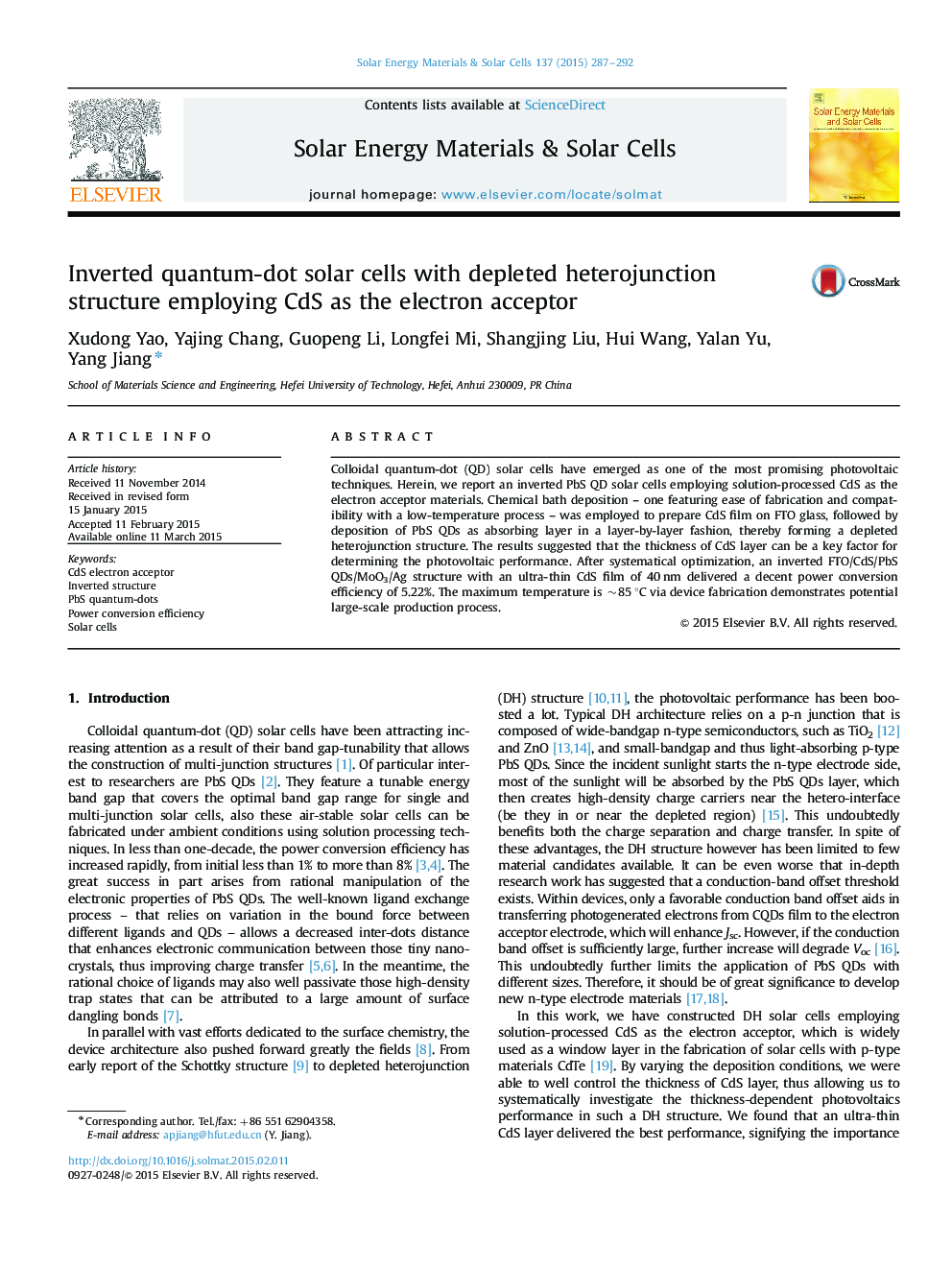 Inverted quantum-dot solar cells with depleted heterojunction structure employing CdS as the electron acceptor