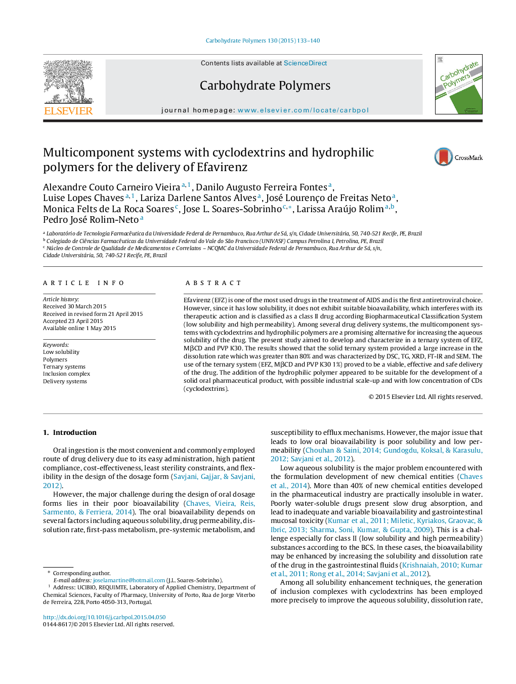 Multicomponent systems with cyclodextrins and hydrophilic polymers for the delivery of Efavirenz