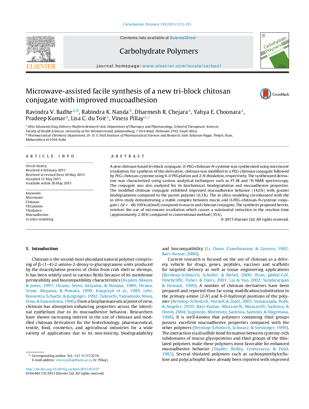 Microwave-assisted facile synthesis of a new tri-block chitosan conjugate with improved mucoadhesion